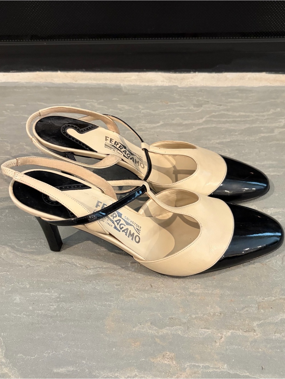 Salvatore Ferragamo Vintage Two-Tone T-Strap Slingback Heels - Picture 3 of 7